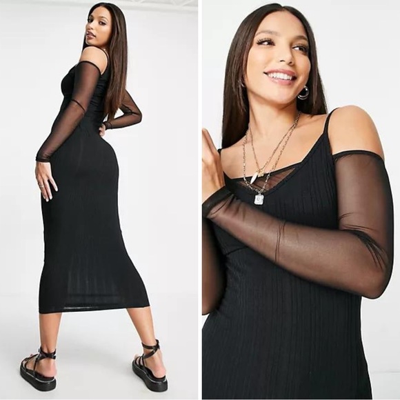 Topshop Tall mesh off the shoulder rib cut out dress in black 🖤 XL / 14 🖤 BNWT - Picture 9 of 14